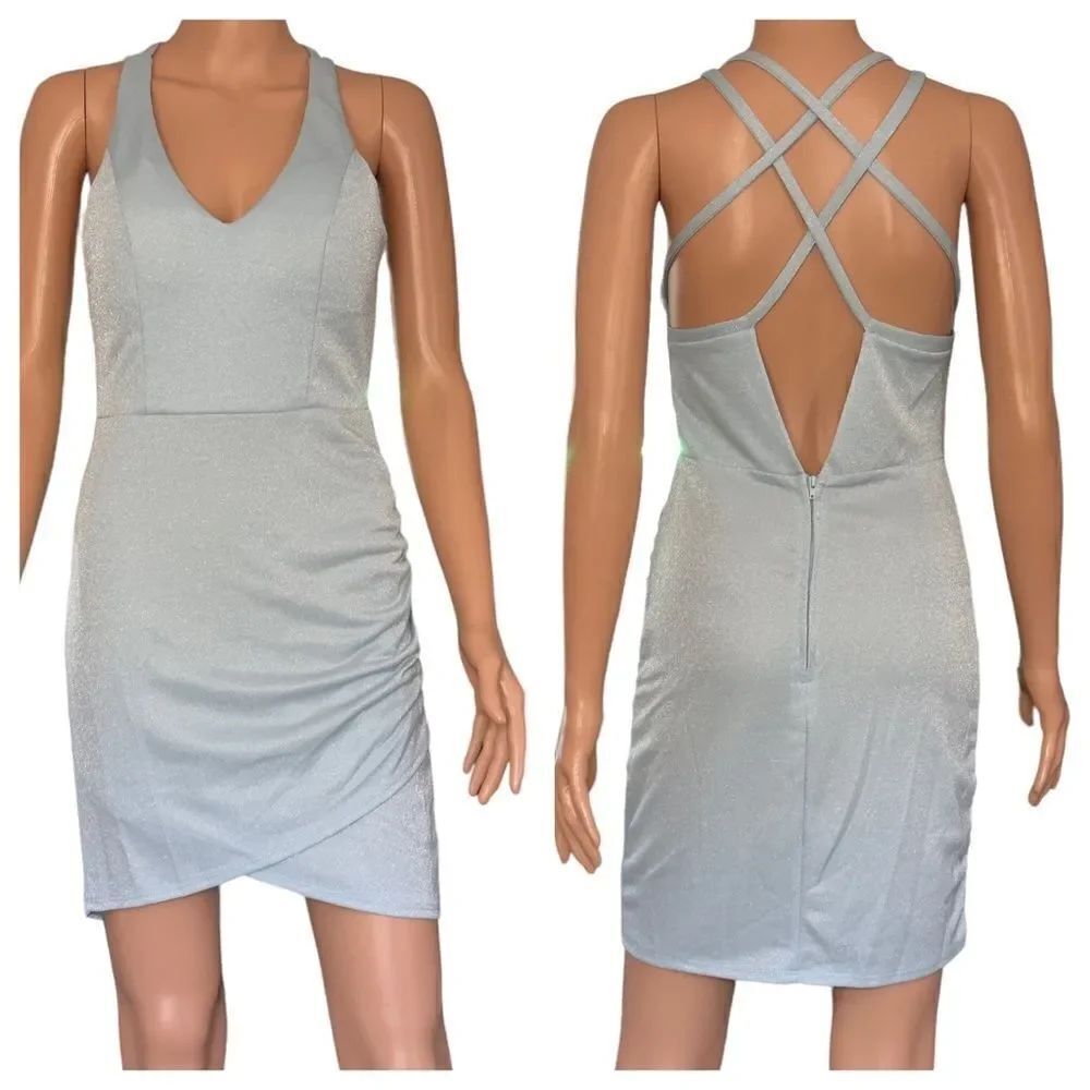 Crystal Doll Powder Blue Shimmery Side Ruched Bodycon Dress Size 9